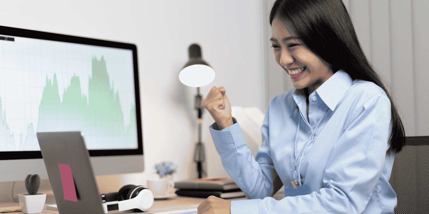 Confident person holding a prize with a big smile, surrounded by giveaway entries and notifications, symbolizing successful strategies for consistently winning giveaways.